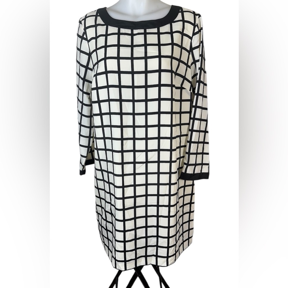 J. CREW Outlet 12 Black White 3/4 Sleeve Checkered Mod Swing Knee Modest Dress